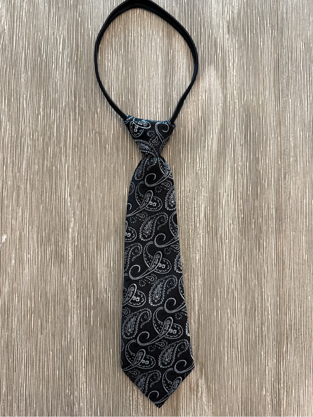 Boys black and silver pre tied zipper adjustable tie 10 inch